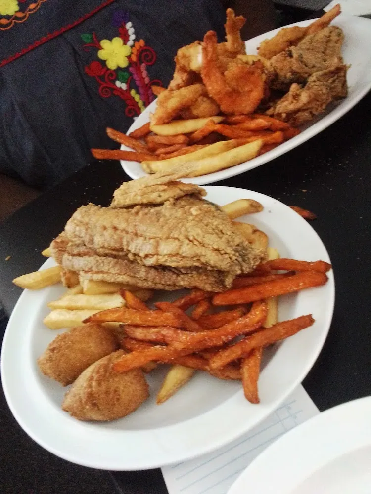 Mullet with Sweet Potato Fries and Fried Oysters