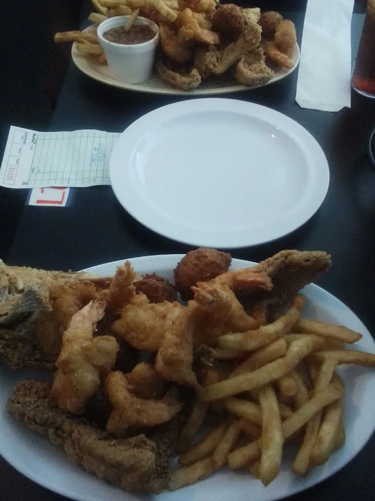 Shrimp with Mullet Fries Slaw and Hushpuppies